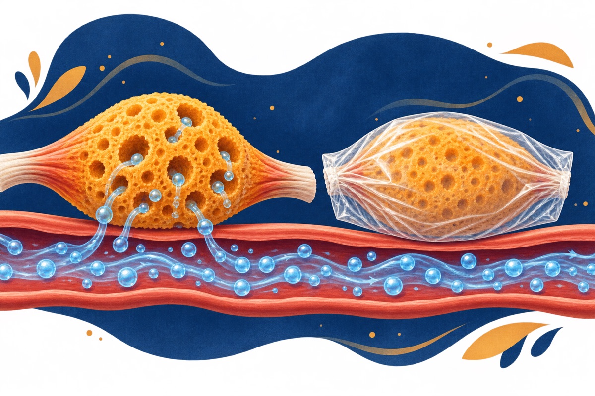 Diagram of two sponge-like muscles beside a blood vessel carrying pale blue droplets, one sponge drawing droplets in through its pores and the other shrink-wrapped in packet plastic as the droplets flow past