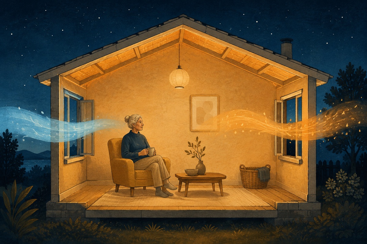 Cut-away illustration of a house at night with cool blue air entering one open window and warm moisture-flecked air leaving the other, the room's walls and furniture glowing warm