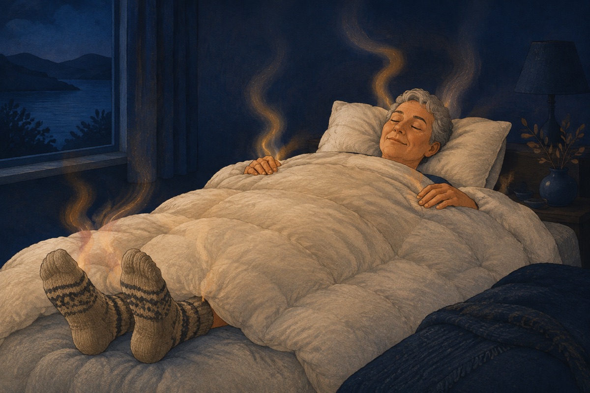 Illustration of a sleeper in warm socks under a thick duvet in a cool blue room, gentle amber wisps of heat rising from the hands, feet and face
