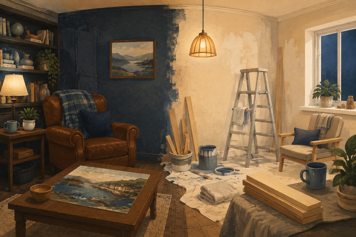Illustration of a room split down the middle, one half a comfortable well-worn study with an armchair and finished jigsaw, the other half under cheerful renovation with a stepladder, paint and fresh timber
