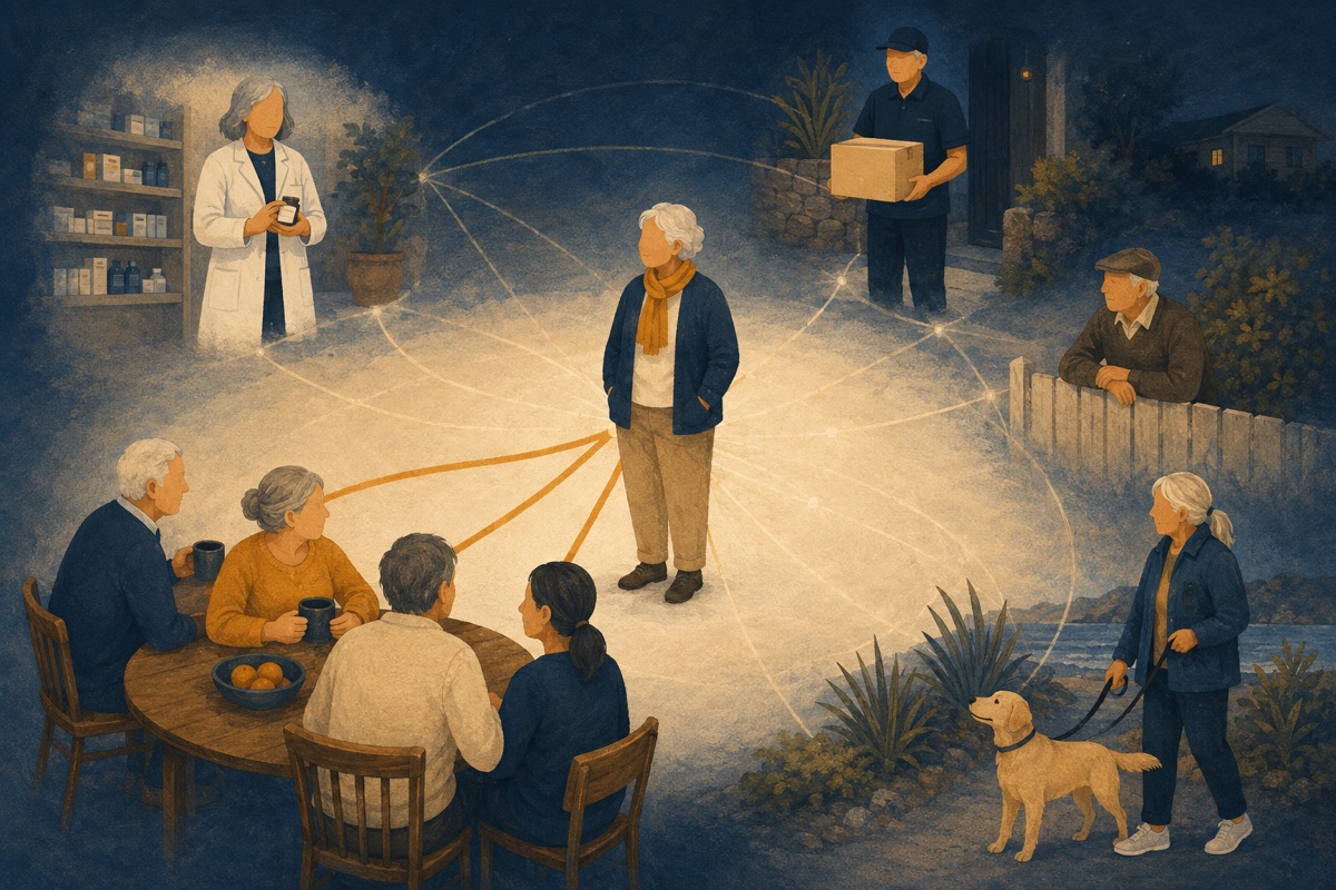 Illustration of a person at the centre of their social world, joined by a few thick warm threads to family at a table and by many fine threads to a pharmacist, a courier, a neighbour at a fence and a dog walker