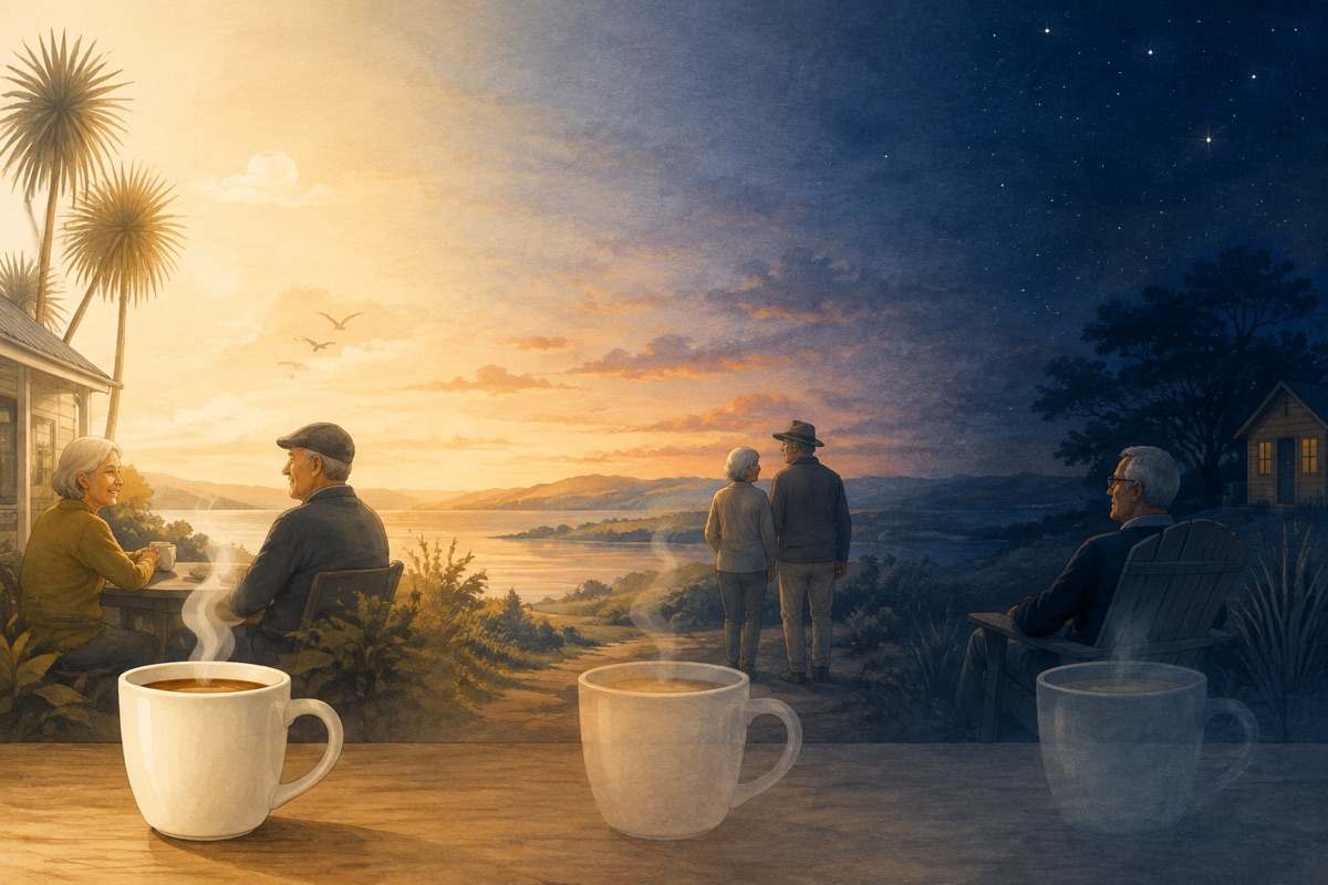 Illustration of the same coffee cup drawn three times across a day-to-night gradient, vivid in the afternoon, half-faded at dusk and a faint ghost of itself under the stars