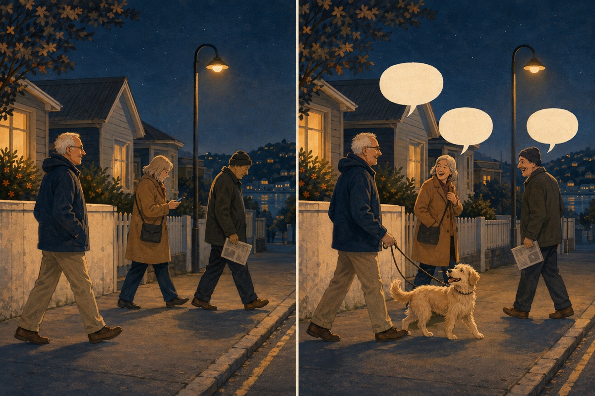 Two-panel illustration of the same evening street, first a lone walker passing people with heads down, then the same walker with a dog as passers-by turn toward them with blank speech bubbles