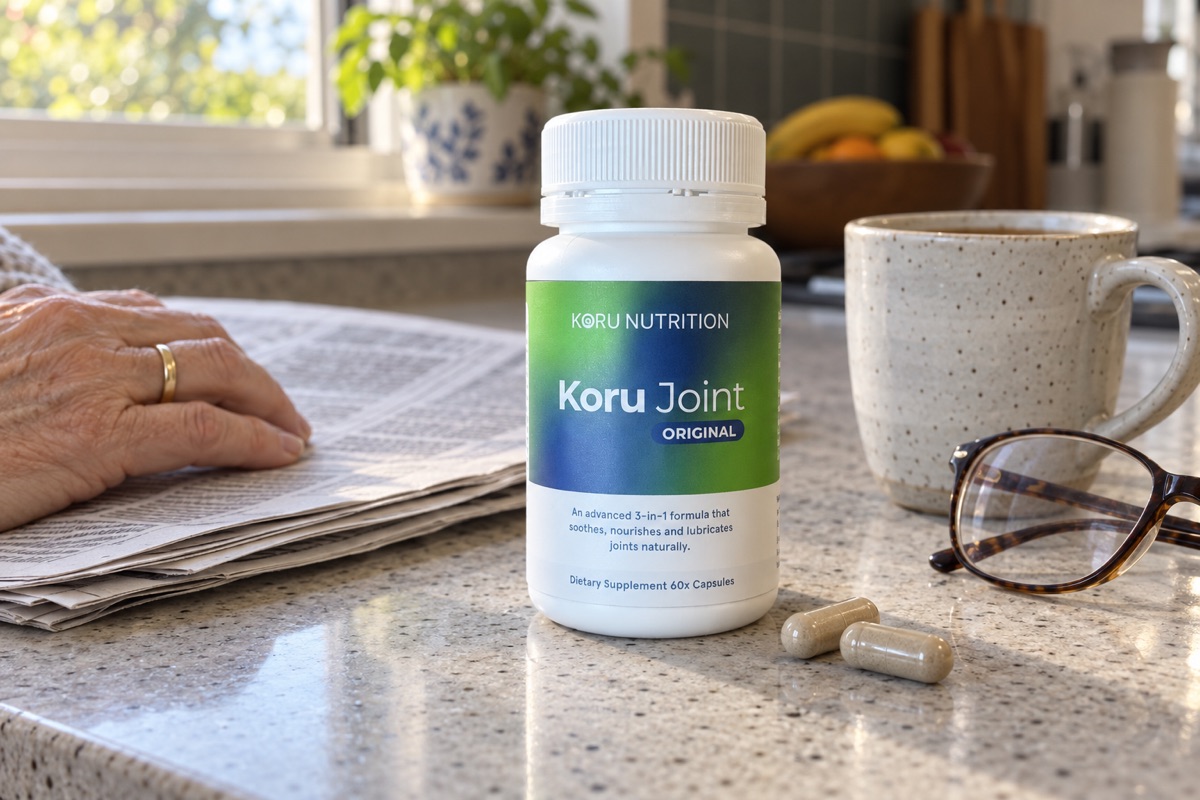 A bottle of Koru Joint on a kitchen bench beside newspaper clippings, reading glasses and a mug of tea