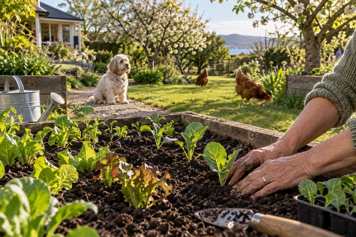 Hands pressing seedlings into a raised garden bed in a spring garden