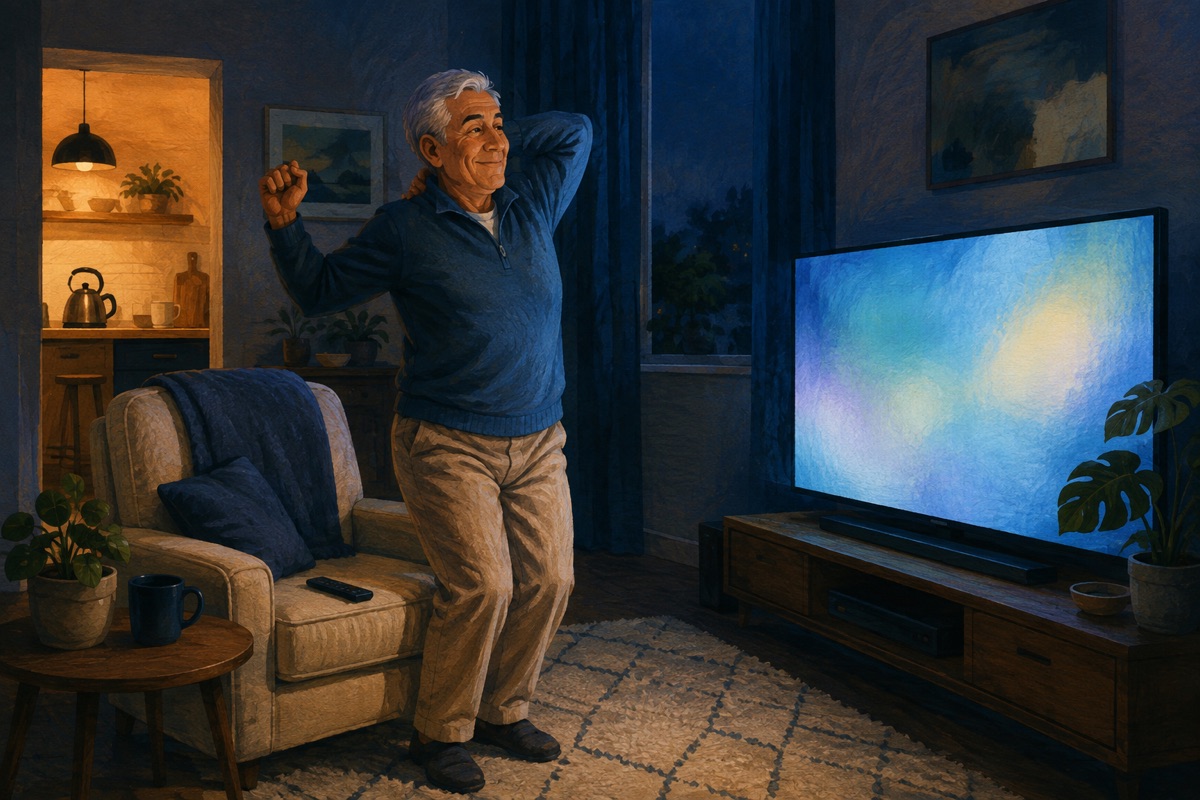 An older man rising from an armchair to stretch in a television-lit living room, with a warm kitchen doorway behind