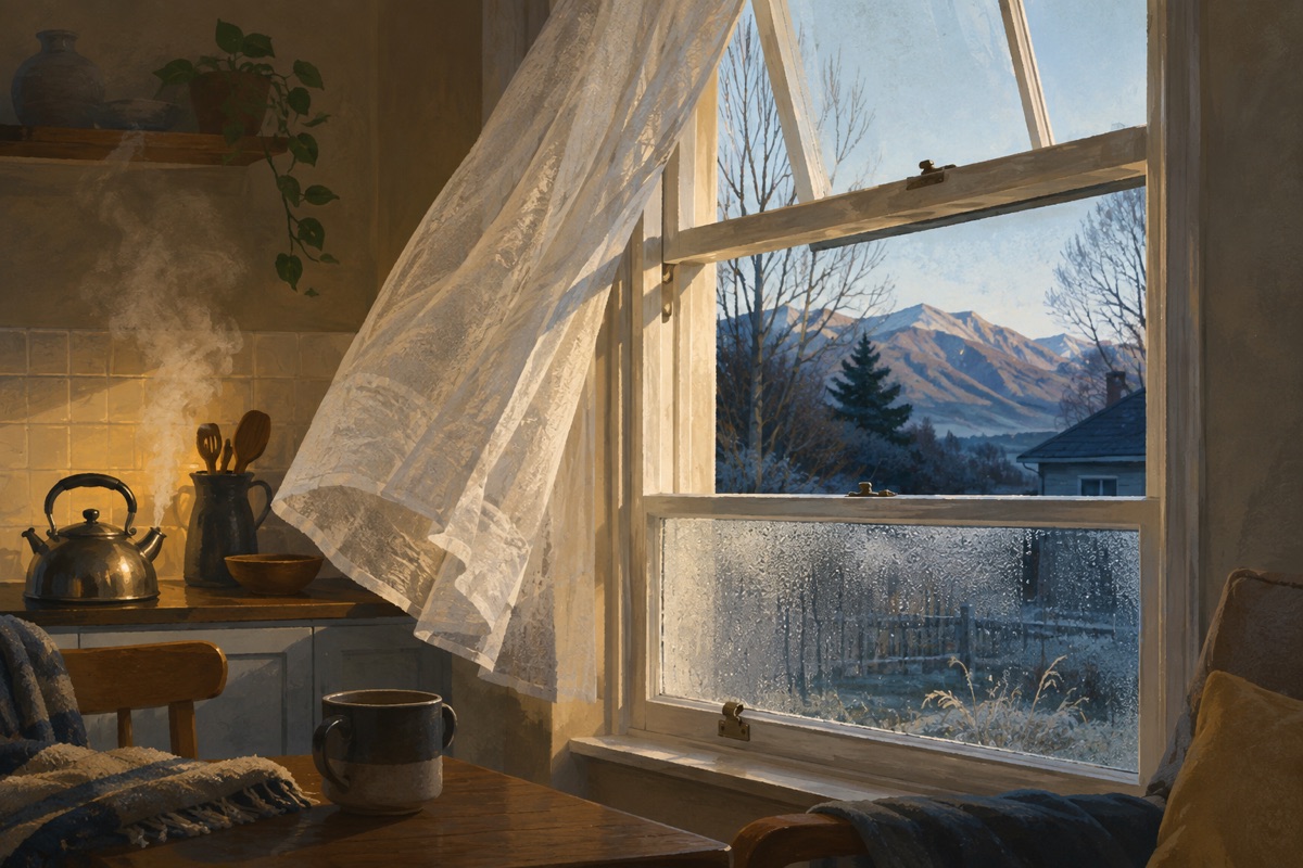 An open sash window on a winter morning, net curtain stirring, condensation on the lower pane and kettle steam drifting through the warm kitchen behind