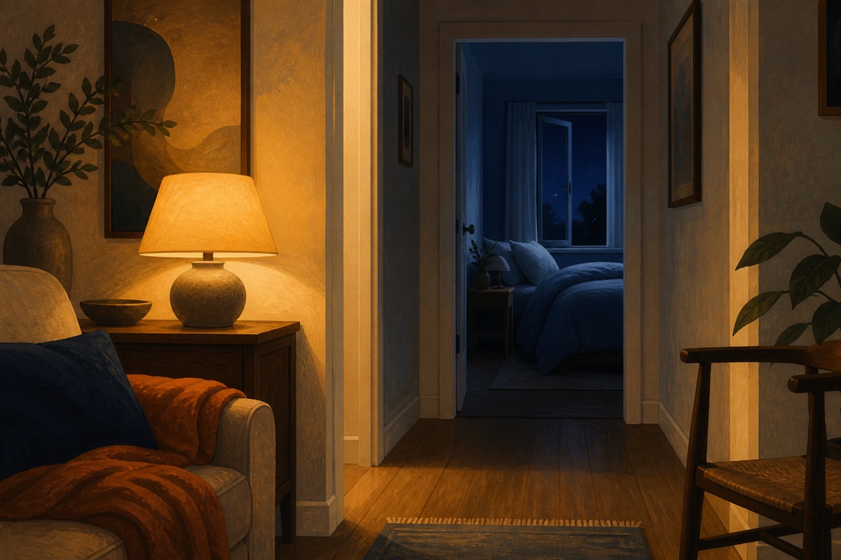 View down a warm lamplit hallway to a dim cool blue bedroom with a thick duvet and a window open a crack to the night