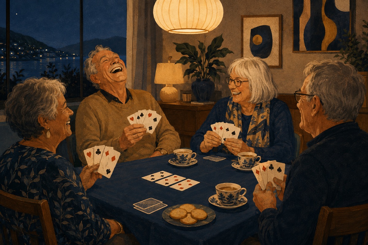 Four older friends playing cards around a lamplit table with teacups and biscuits, one leaning back laughing