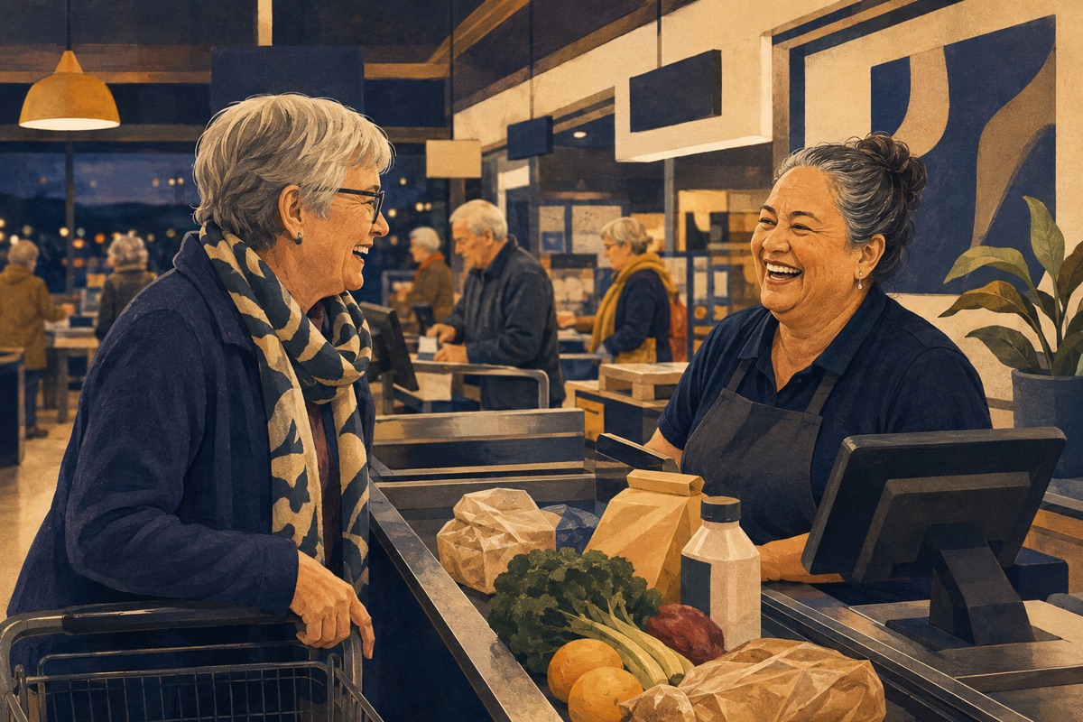 An older shopper and a checkout operator sharing a laugh over groceries on the belt