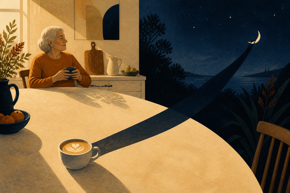 A woman at a kitchen table in afternoon light with a flat white whose long shadow stretches toward the night-blue edge of the frame and a crescent moon