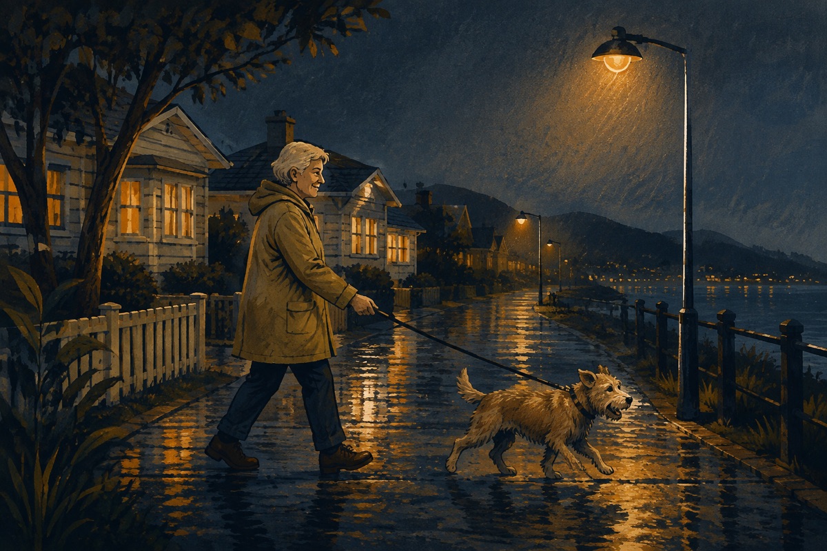 An older walker in a raincoat with a cheerful scruffy dog on the lead, on a wet evening footpath under amber streetlights