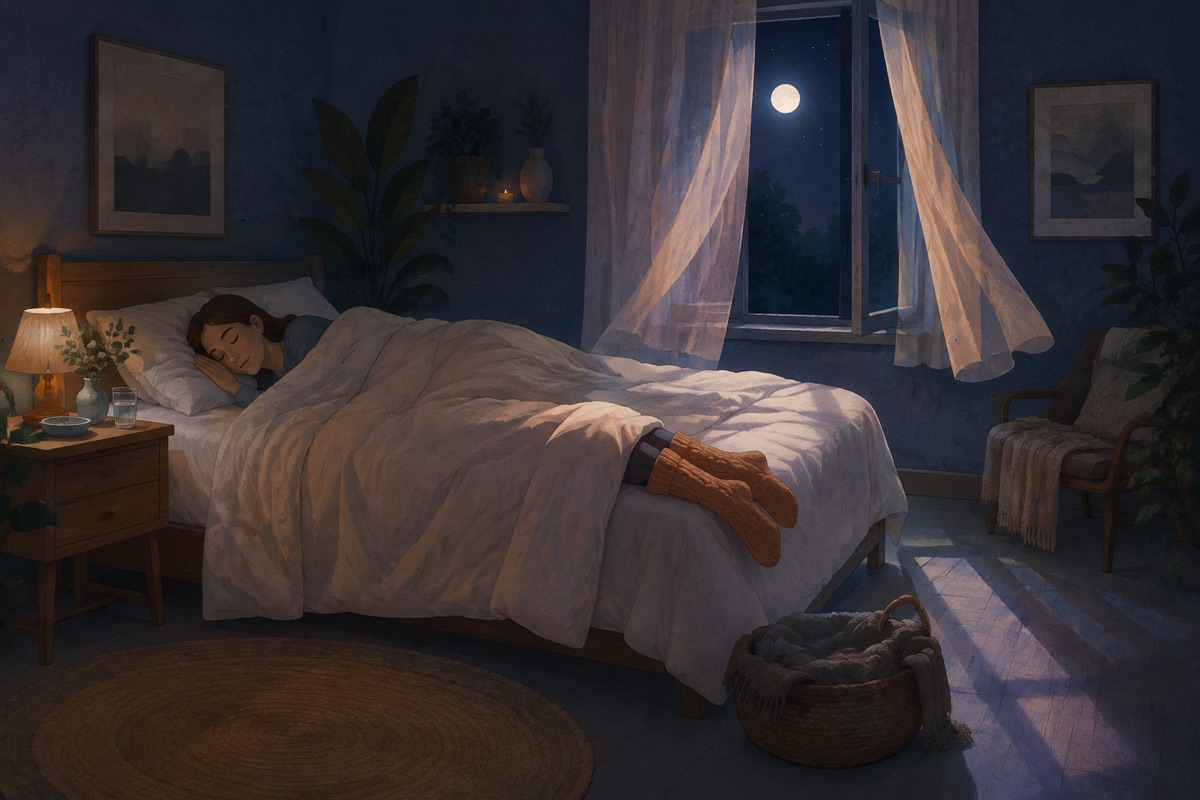 Illustration of a calm bedroom at night with a figure asleep wearing warm socks and a window open a crack