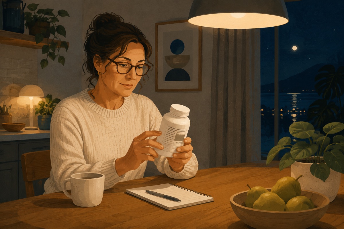 Illustration of a person at a kitchen table at night reading the back panel of a supplement bottle under a lamp
