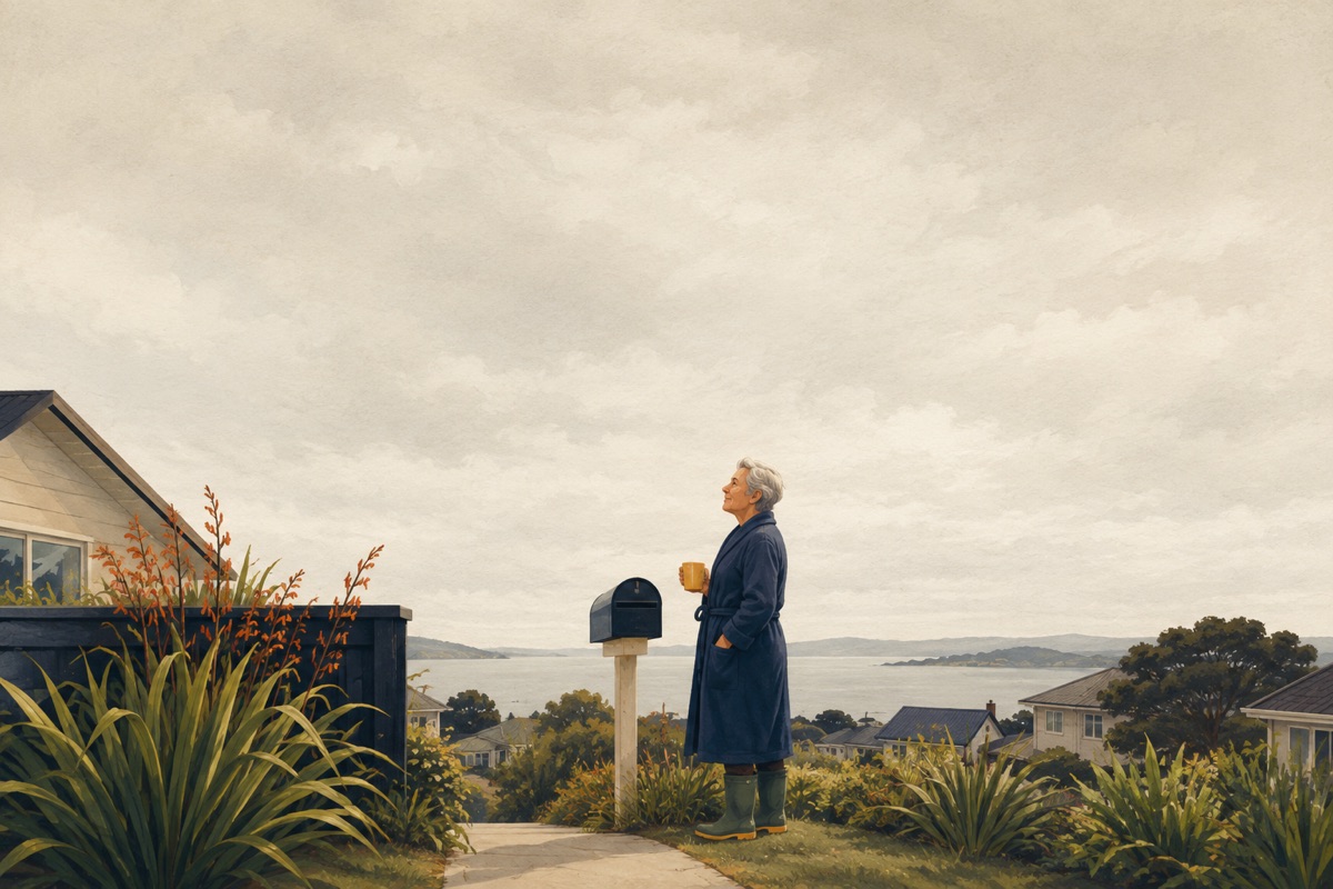 A figure in a dressing gown and gumboots at a letterbox under a huge pale morning sky, cup of tea in hand