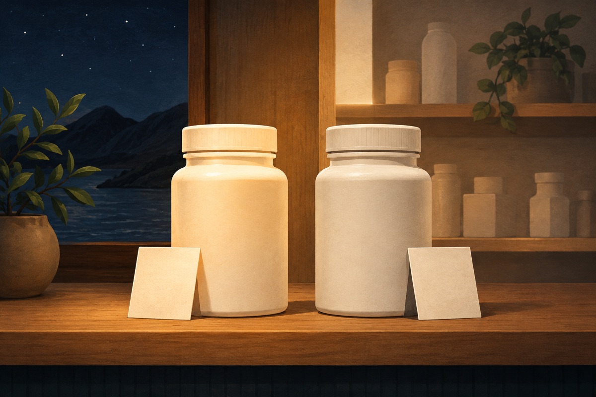 Illustration of two identical blank supplement bottles side by side on a wooden pharmacy shelf