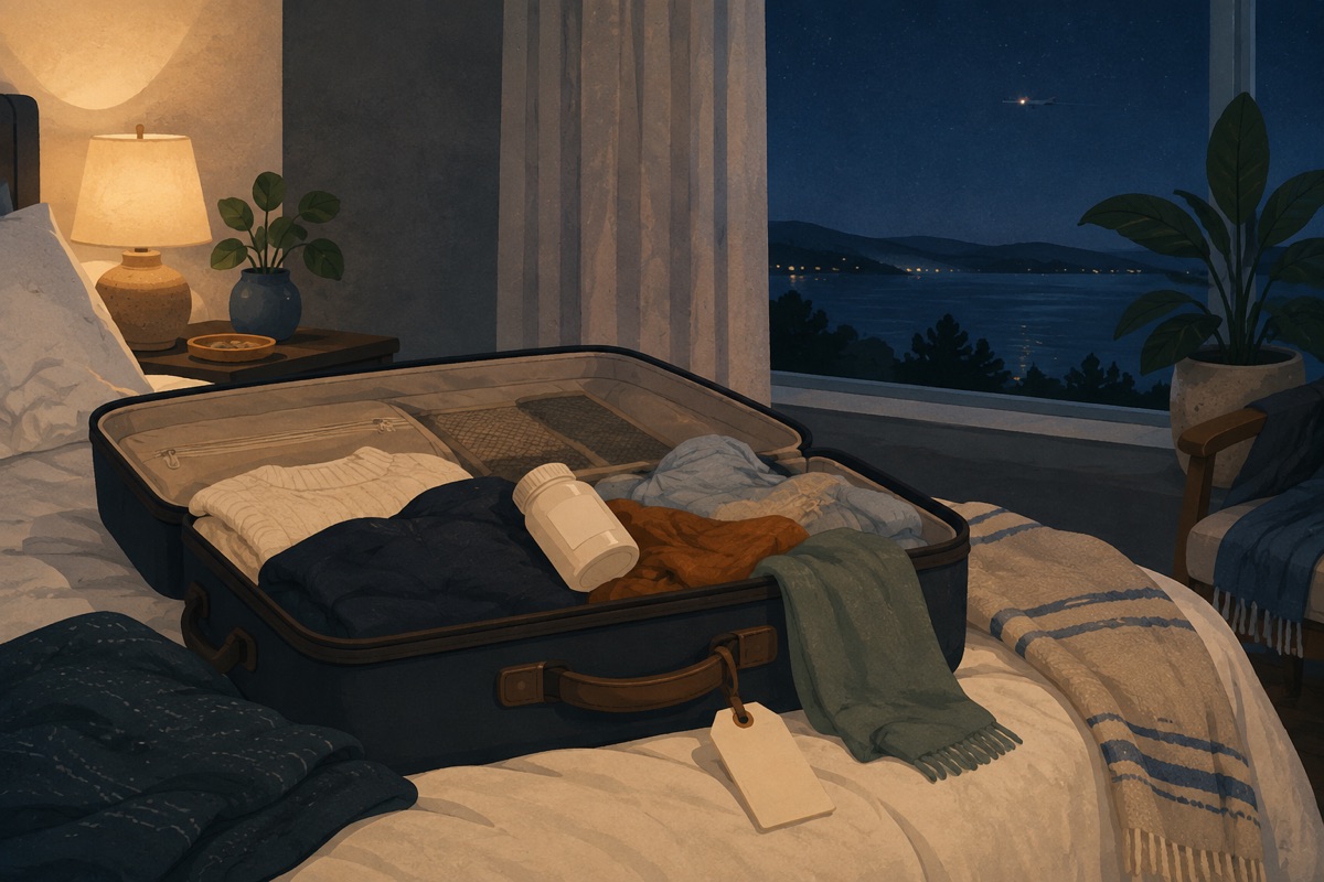 Illustration of an open suitcase on a bed at night with a small blank bottle lying on the clothes