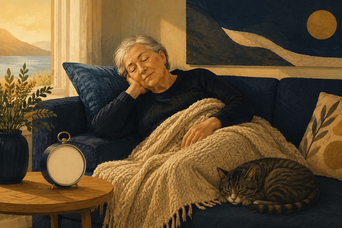 An older woman dozing on a couch under a knitted throw in low golden light, a cat curled beside her and a blank-faced alarm clock on the table