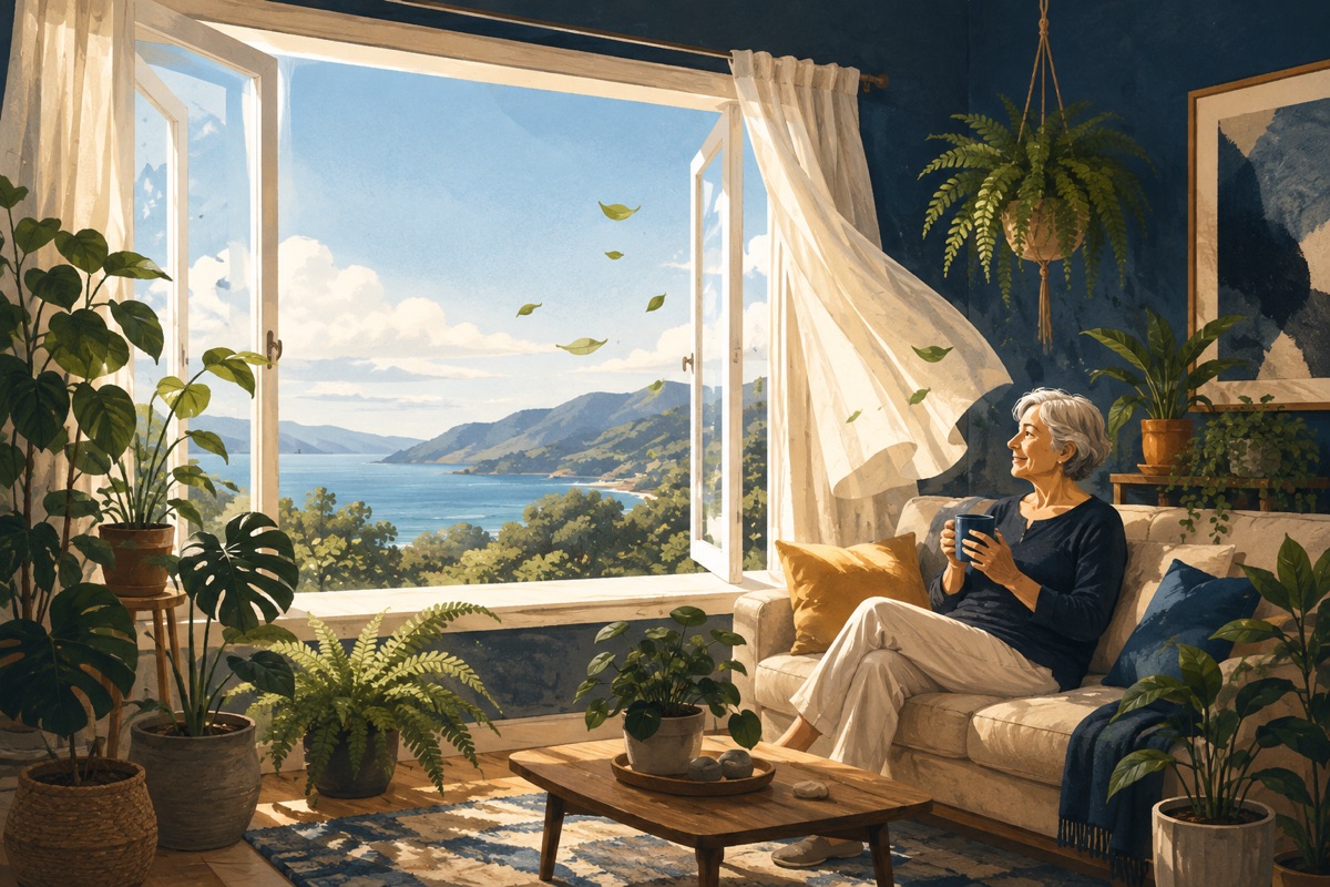 A lounge corner crowded with healthy houseplants around a sofa, with a large window thrown open to the light