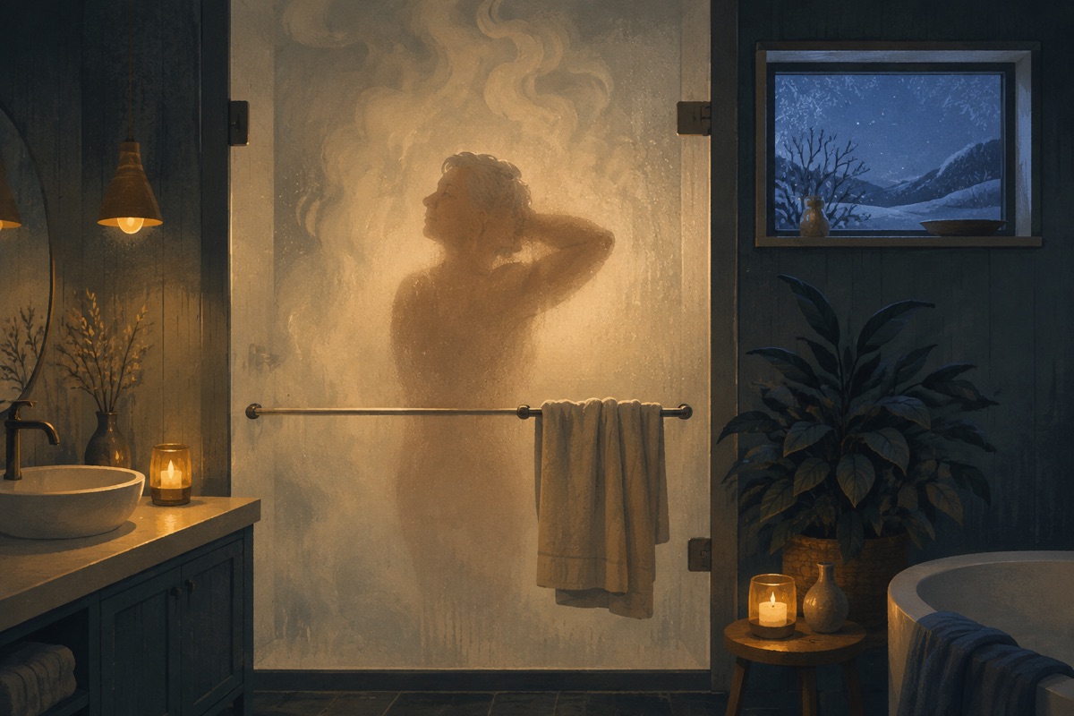 A steamy bathroom with a relaxed silhouette behind fogged shower glass, a towel on the rail and a frosty winter window