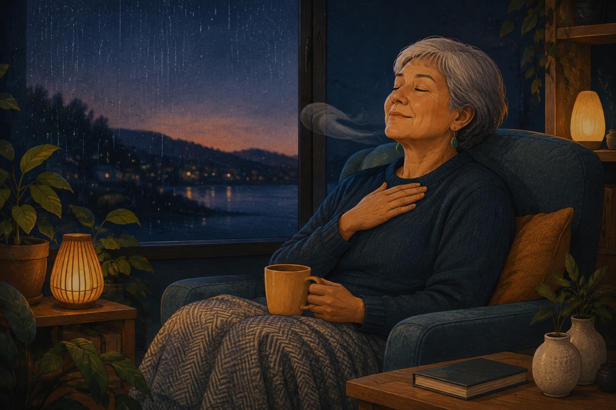 A woman in an armchair beside a rain-streaked dusk window, eyes closed, one hand on her chest, a soft breath visible