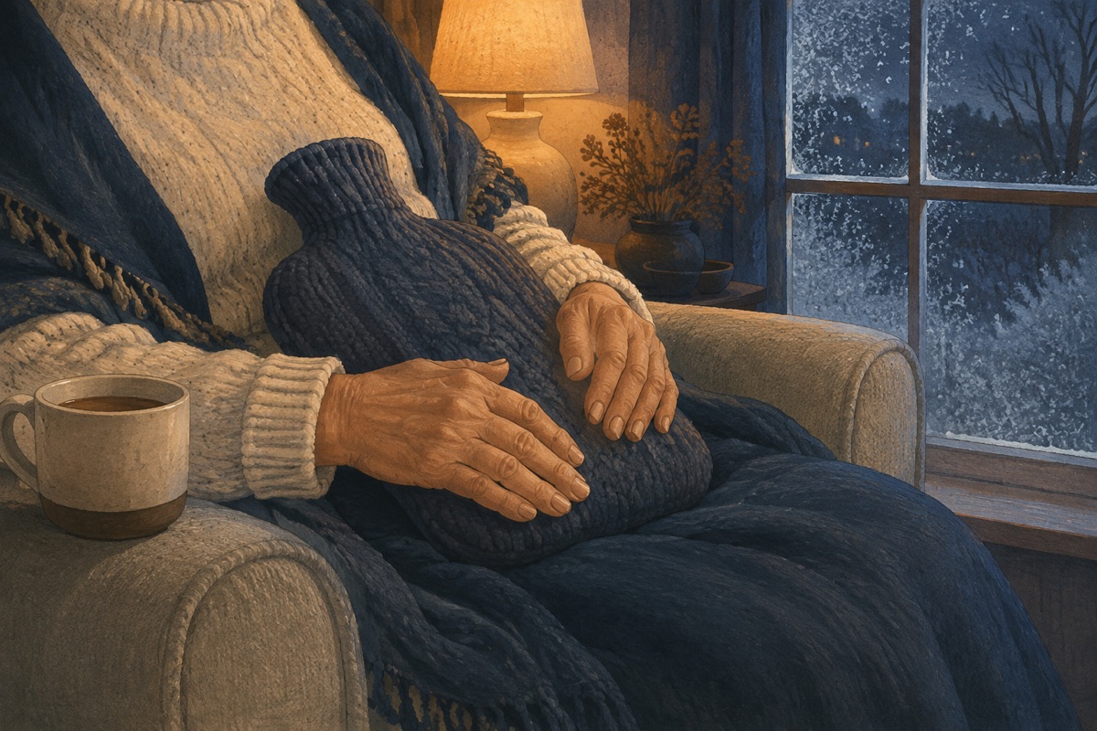 A hot water bottle in a knitted cover resting on an older person's lap beside a cup of tea, with a frosted window behind