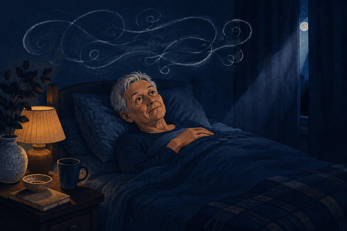 A figure lying awake at night with mild exasperation as faint pale wisps loop above the bed in the moonlight