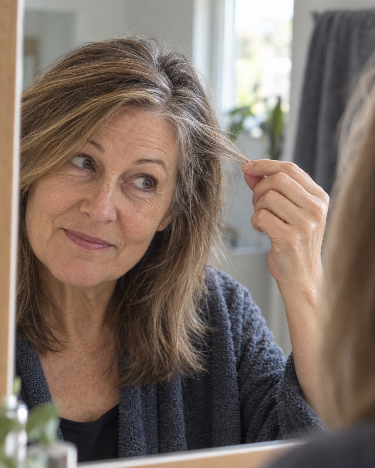 A woman in her late fifties at a bathroom mirror, holding a section of her hair between finger and thumb, silver strands coming through the brown