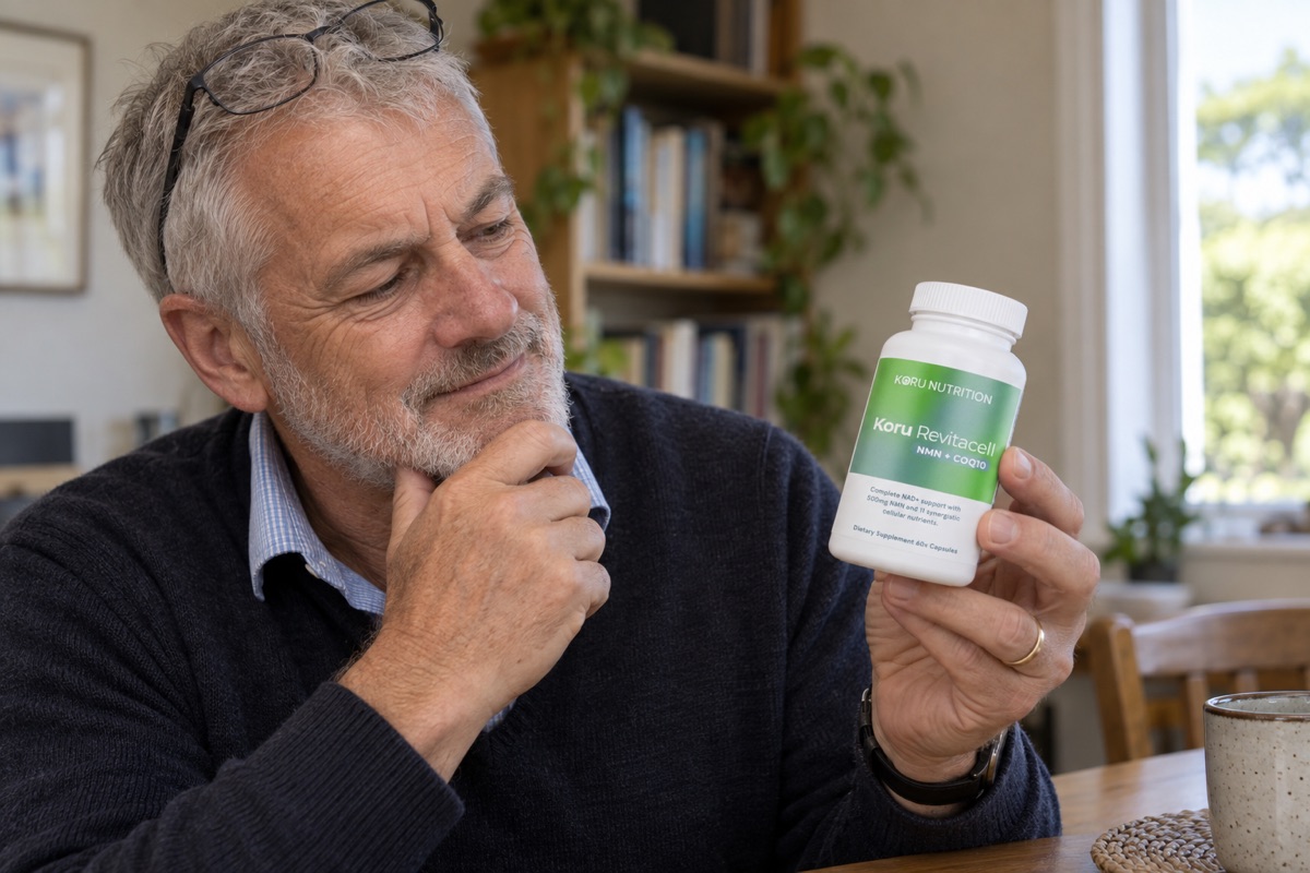 Mike, a retired clinical nutritionist in his sixties, at his kitchen table reading the label on a bottle of Koru Revitacell