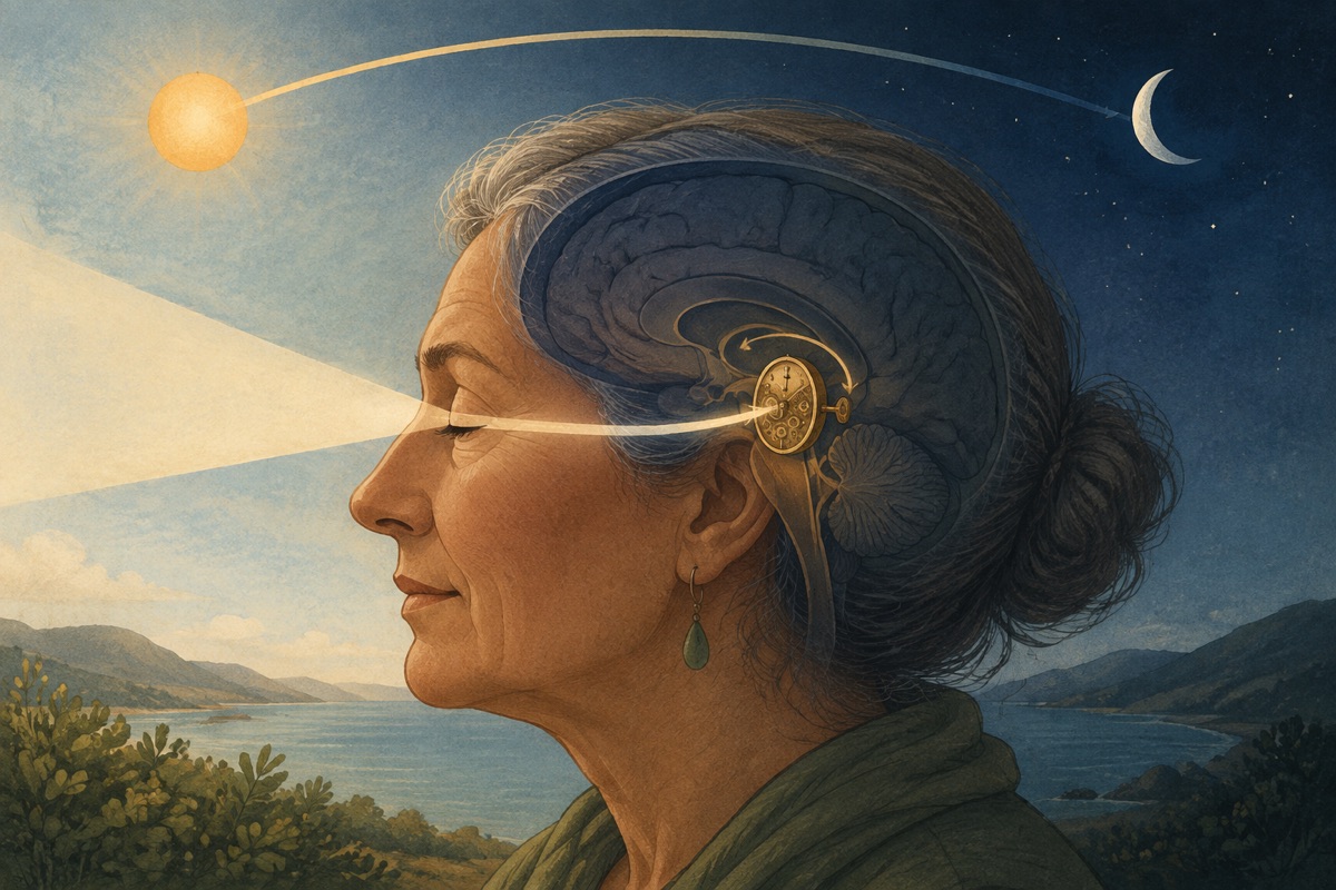 Illustration of a head in profile with a wide beam of pale sky light entering the eye and reaching a small clock deep in the brain, beneath an arc running from sun to moon