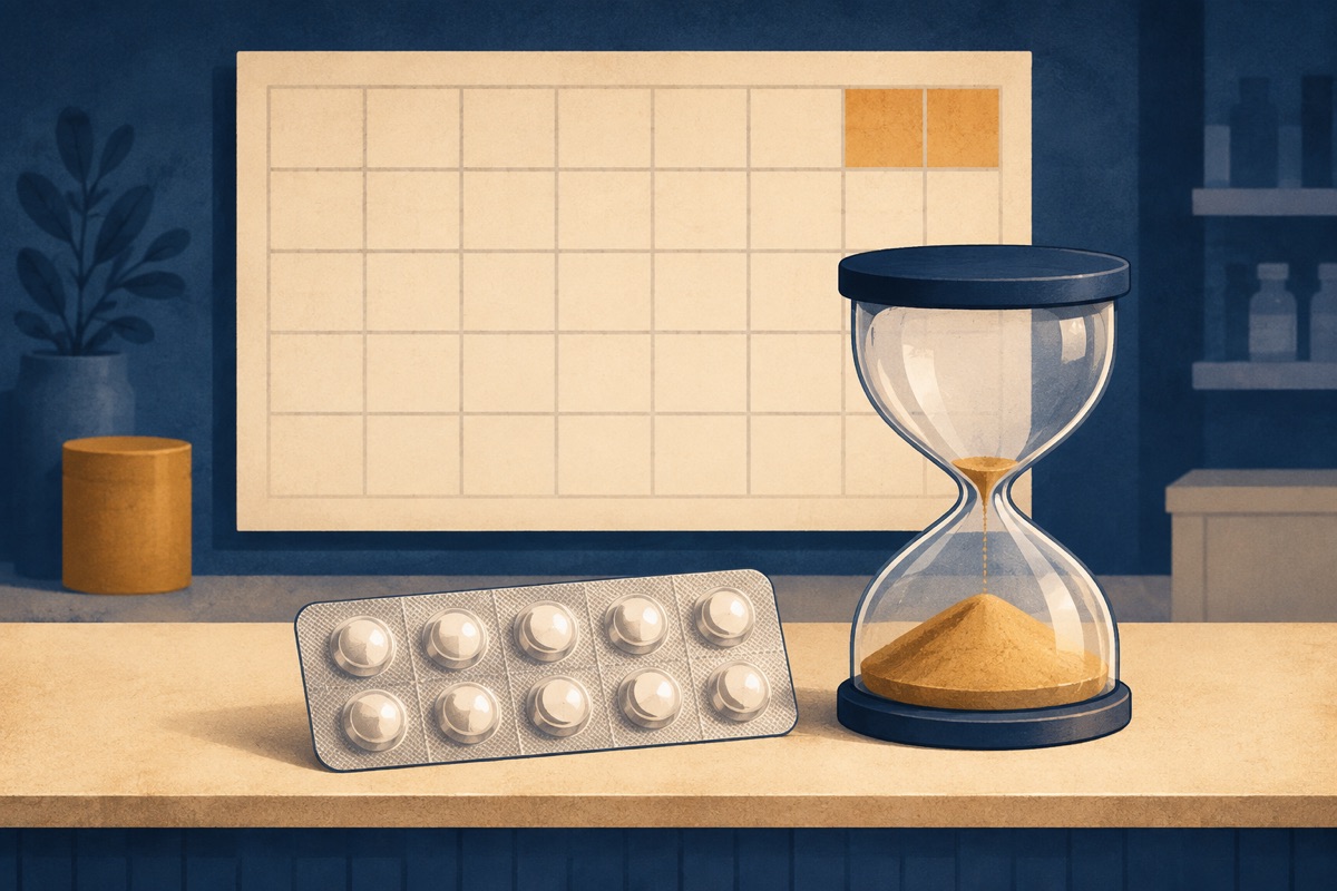 Still-life illustration of a ten-pocket blister strip of tablets beside an hourglass with most of its sand already through, in front of a mostly blank wall calendar