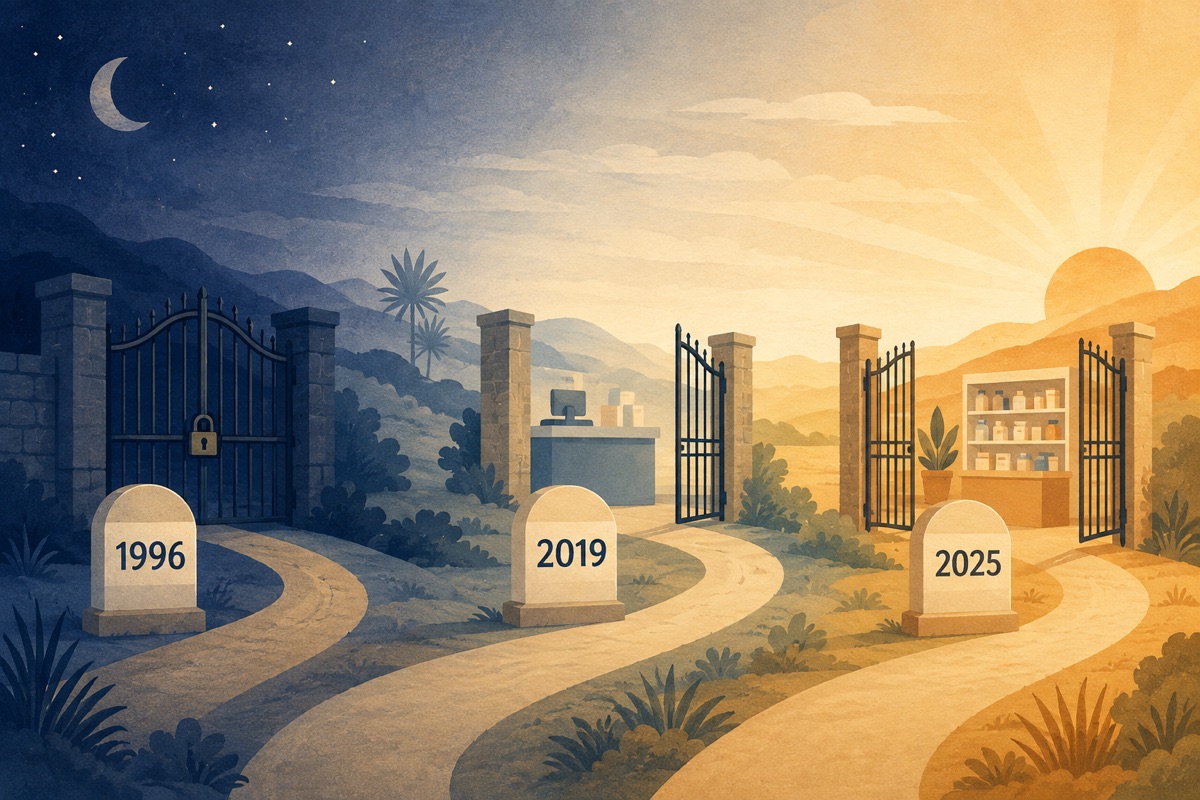 Timeline illustration of three gates on a path from night to dawn: a locked gate marked 1996, a gate ajar beside a pharmacist counter marked 2019, and an open gate beside a pharmacy shelf marked 2025