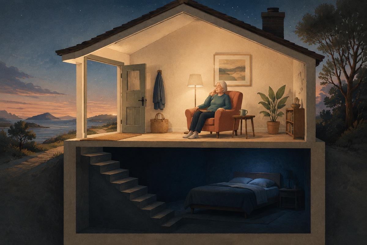 Cross-section illustration of a house at dusk with a figure dozing in an armchair on the bright ground floor and a staircase descending to a bed in a deep blue basement