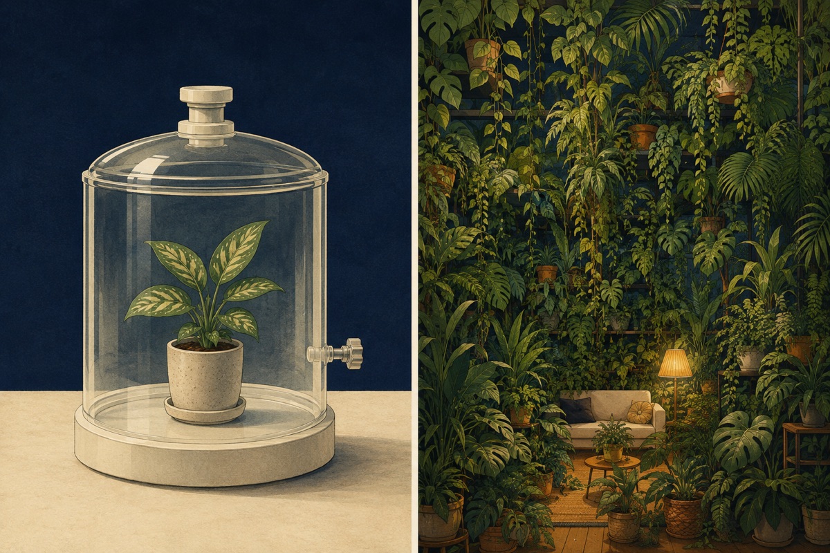 Two-panel illustration of a single pot plant sealed inside a small laboratory glass chamber, and a lounge overgrown floor to ceiling with hundreds of plants around a tiny sofa and lamp