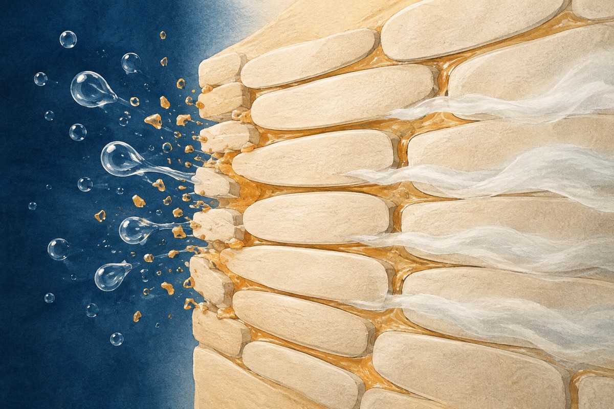 Cross-section illustration of skin as overlapping cream tiles set in amber oil mortar, with hot water droplets carrying flecks of the mortar away and pale moisture wisps escaping through the gaps