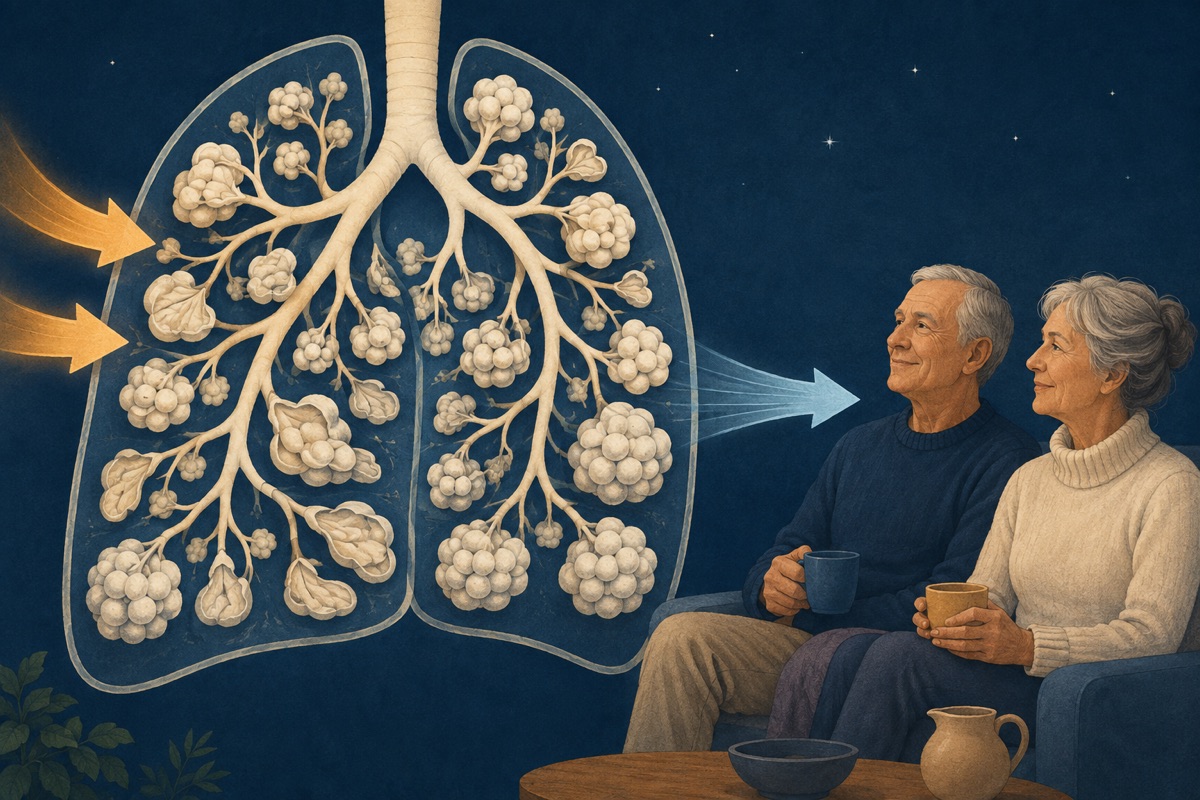 Lung illustration with branching airways ending in clusters of alveoli drawn as small balloons, two amber inhale arrows reinflating the slumped ones and one long blue exhale arrow leaving