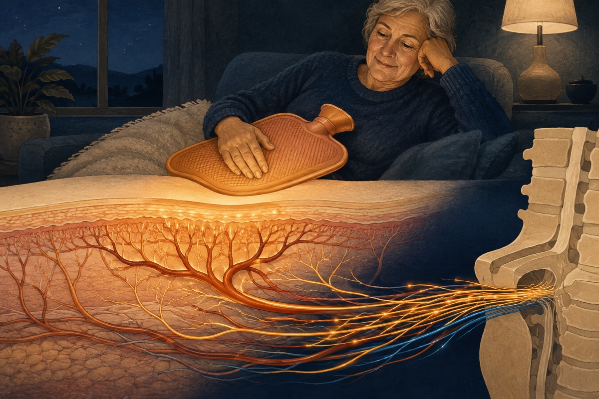 Illustration of a person resting a hot water bottle on their side with a cross-section below showing warmed skin, widened blood vessels and bright signal lines racing along nerves toward the spine
