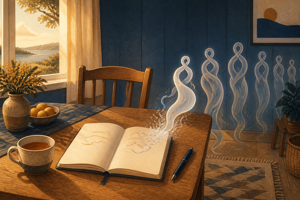 Daylit kitchen table with an open blank notebook, a pen and a cup of tea, and a small polite queue of translucent wisps waiting beside the table, the front one half-dissolved