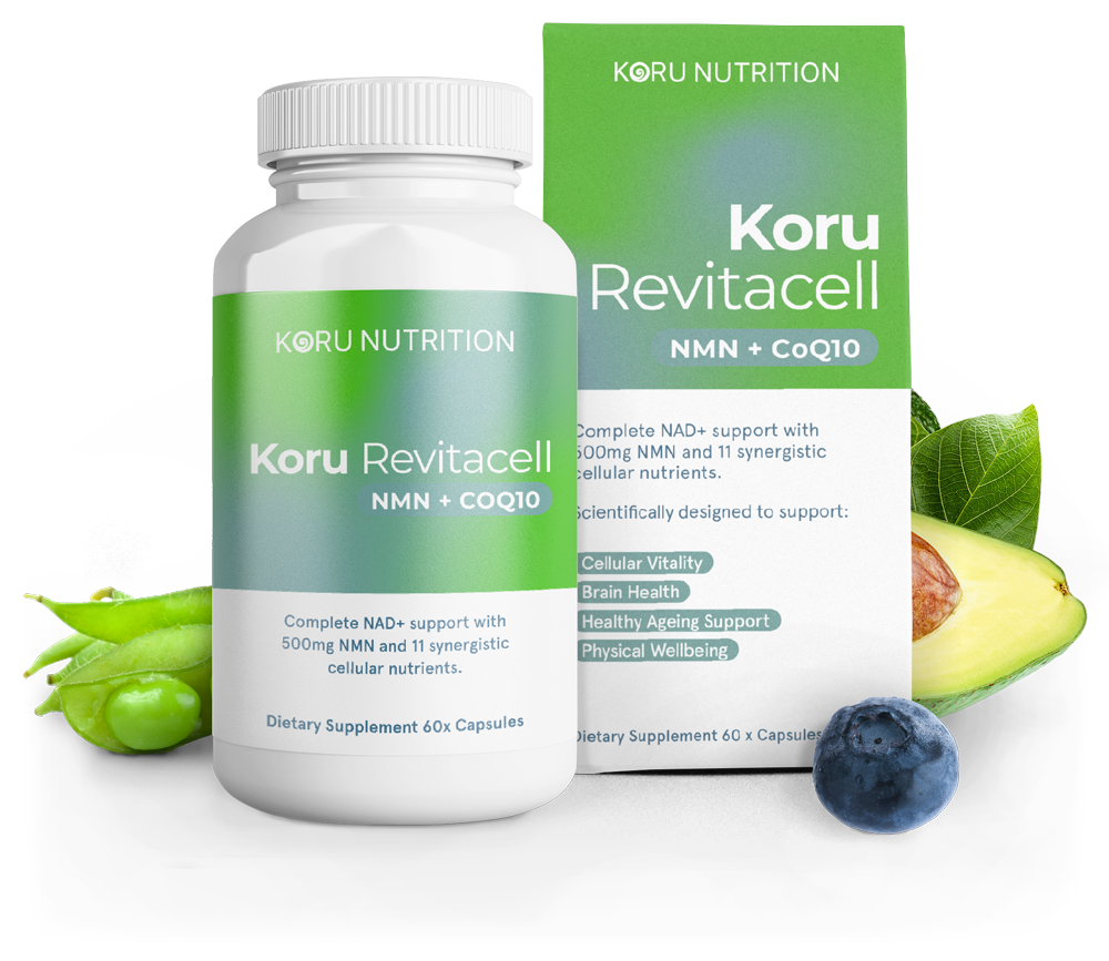 Koru Revitacell bottle and box with edamame, blueberry and avocado