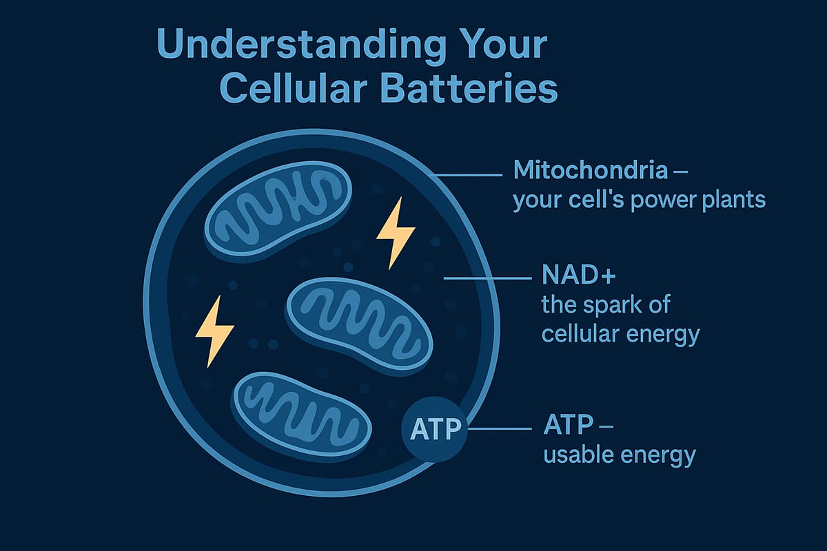 Diagram of a cell: mitochondria are the power plants, NAD+ is the spark, ATP is the usable energy