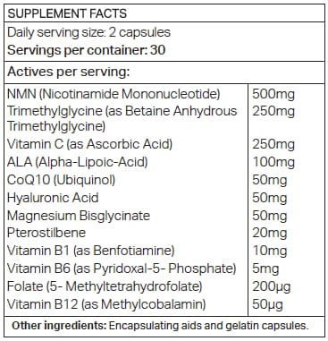 The Koru Revitacell supplement facts panel: NMN 500mg and eleven supporting nutrients